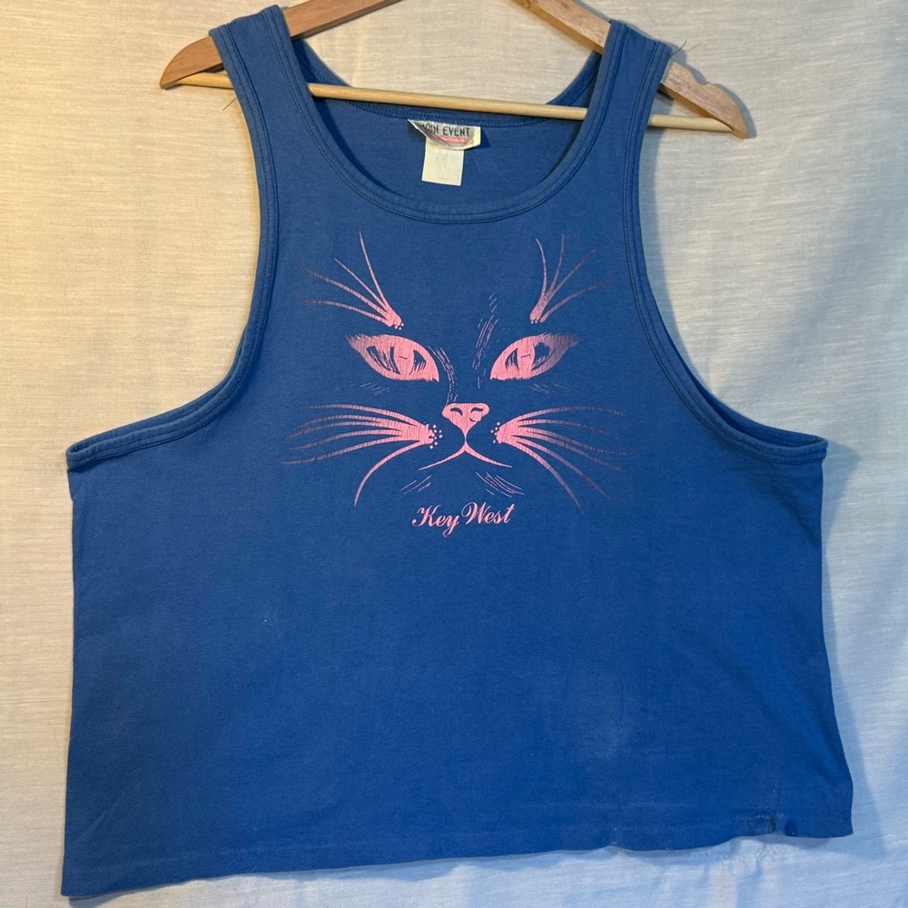 Vintage Key West Cat Graphic Tank Top Blue 100% Cotton Sleeveless